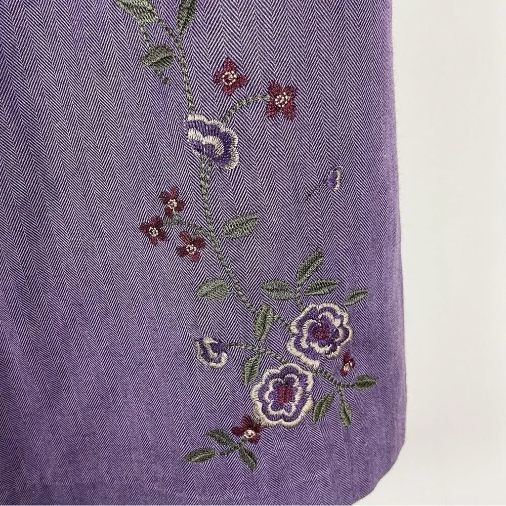 Vintage purple wool floral embroidered cottagecore herringbone midi skirt